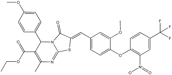 ethyl 2-{4-[2-nitro-4-(trifluoromethyl)phenoxy]-3-methoxybenzylidene}-5-(4-methoxyphenyl)-7-methyl-3-oxo-2,3-dihydro-5H-[1,3]thiazolo[3,2-a]pyrimidine-6-carboxylate Struktur