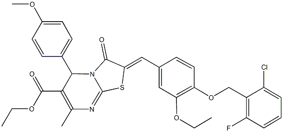 ethyl 2-{4-[(2-chloro-6-fluorobenzyl)oxy]-3-ethoxybenzylidene}-5-(4-methoxyphenyl)-7-methyl-3-oxo-2,3-dihydro-5H-[1,3]thiazolo[3,2-a]pyrimidine-6-carboxylate Struktur