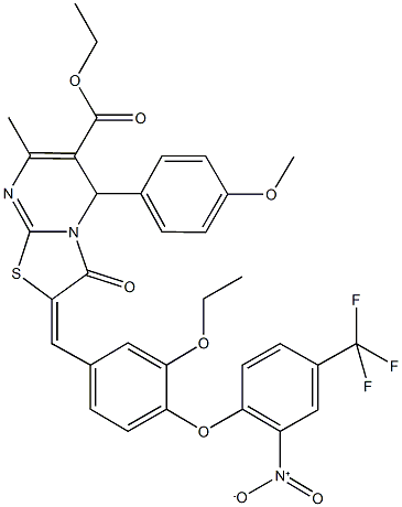 ethyl 2-{3-ethoxy-4-[2-nitro-4-(trifluoromethyl)phenoxy]benzylidene}-5-(4-methoxyphenyl)-7-methyl-3-oxo-2,3-dihydro-5H-[1,3]thiazolo[3,2-a]pyrimidine-6-carboxylate Struktur