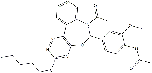 4-[7-acetyl-3-(pentylsulfanyl)-6,7-dihydro[1,2,4]triazino[5,6-d][3,1]benzoxazepin-6-yl]-2-methoxyphenyl acetate Struktur