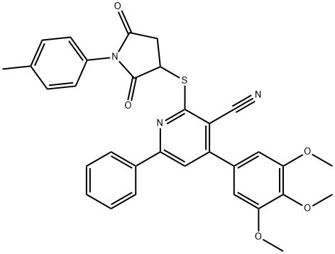 2-{[1-(4-methylphenyl)-2,5-dioxo-3-pyrrolidinyl]sulfanyl}-6-phenyl-4-(3,4,5-trimethoxyphenyl)nicotinonitrile Struktur