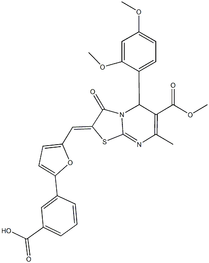 3-{5-[(5-(2,4-dimethoxyphenyl)-6-(methoxycarbonyl)-7-methyl-3-oxo-5H-[1,3]thiazolo[3,2-a]pyrimidin-2(3H)-ylidene)methyl]-2-furyl}benzoic acid Struktur