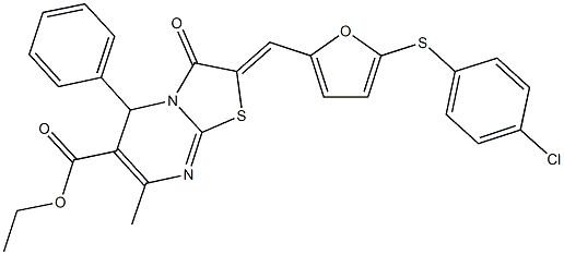 ethyl 2-({5-[(4-chlorophenyl)sulfanyl]-2-furyl}methylene)-7-methyl-3-oxo-5-phenyl-2,3-dihydro-5H-[1,3]thiazolo[3,2-a]pyrimidine-6-carboxylate Struktur