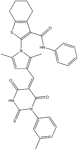 2-{2,5-dimethyl-3-[(1-(3-methylphenyl)-4,6-dioxo-2-thioxotetrahydro-5(2H)-pyrimidinylidene)methyl]-1H-pyrrol-1-yl}-N-phenyl-4,5,6,7-tetrahydro-1-benzothiophene-3-carboxamide Struktur