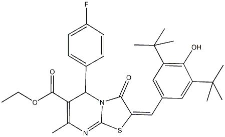 ethyl 2-(3,5-ditert-butyl-4-hydroxybenzylidene)-5-(4-fluorophenyl)-7-methyl-3-oxo-2,3-dihydro-5H-[1,3]thiazolo[3,2-a]pyrimidine-6-carboxylate Struktur