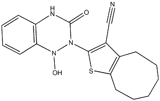 2-[1-hydroxy-3-oxo-3,4-dihydro-1,2,4-benzotriazin-2(1H)-yl]-4,5,6,7,8,9-hexahydrocycloocta[b]thiophene-3-carbonitrile Struktur