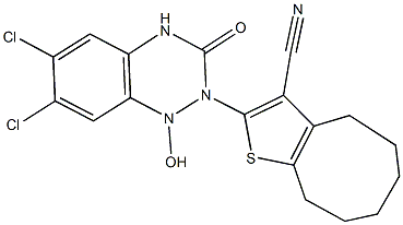 2-[6,7-dichloro-1-hydroxy-3-oxo-3,4-dihydro-1,2,4-benzotriazin-2(1H)-yl]-4,5,6,7,8,9-hexahydrocycloocta[b]thiophene-3-carbonitrile Struktur