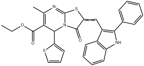 ethyl 7-methyl-3-oxo-2-[(2-phenyl-1H-indol-3-yl)methylene]-5-(2-thienyl)-2,3-dihydro-5H-[1,3]thiazolo[3,2-a]pyrimidine-6-carboxylate Struktur