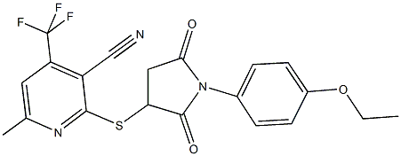 2-{[1-(4-ethoxyphenyl)-2,5-dioxo-3-pyrrolidinyl]sulfanyl}-6-methyl-4-(trifluoromethyl)nicotinonitrile Struktur