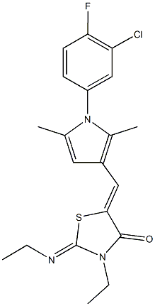 5-{[1-(3-chloro-4-fluorophenyl)-2,5-dimethyl-1H-pyrrol-3-yl]methylene}-3-ethyl-2-(ethylimino)-1,3-thiazolidin-4-one Struktur