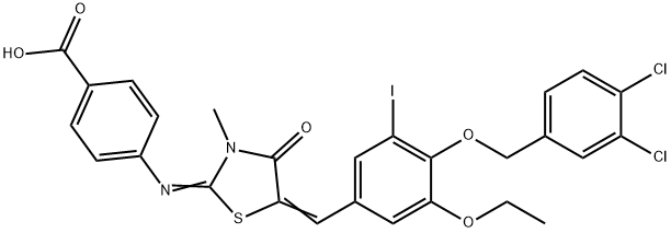 4-[(5-{4-[(3,4-dichlorobenzyl)oxy]-3-ethoxy-5-iodobenzylidene}-3-methyl-4-oxo-1,3-thiazolidin-2-ylidene)amino]benzoic acid Struktur