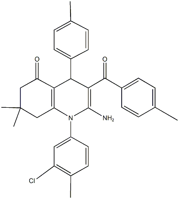 2-amino-1-(3-chloro-4-methylphenyl)-7,7-dimethyl-3-(4-methylbenzoyl)-4-(4-methylphenyl)-4,6,7,8-tetrahydro-5(1H)-quinolinone Struktur