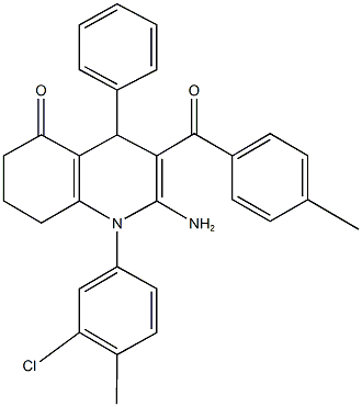 2-amino-1-(3-chloro-4-methylphenyl)-3-(4-methylbenzoyl)-4-phenyl-4,6,7,8-tetrahydro-5(1H)-quinolinone Struktur