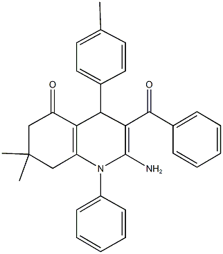 2-amino-3-benzoyl-7,7-dimethyl-4-(4-methylphenyl)-1-phenyl-4,6,7,8-tetrahydro-5(1H)-quinolinone Struktur