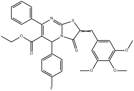 ethyl 5-(4-fluorophenyl)-3-oxo-7-phenyl-2-(3,4,5-trimethoxybenzylidene)-2,3-dihydro-5H-[1,3]thiazolo[3,2-a]pyrimidine-6-carboxylate Struktur