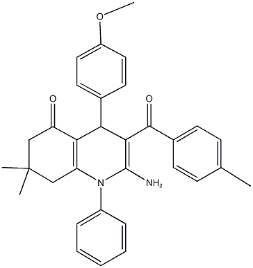 2-amino-4-(4-methoxyphenyl)-7,7-dimethyl-3-(4-methylbenzoyl)-1-phenyl-4,6,7,8-tetrahydro-5(1H)-quinolinone Struktur