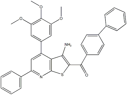 [3-amino-6-phenyl-4-(3,4,5-trimethoxyphenyl)thieno[2,3-b]pyridin-2-yl]([1,1'-biphenyl]-4-yl)methanone Struktur