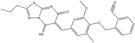 2-({4-[(5-imino-7-oxo-2-propyl-5H-[1,3,4]thiadiazolo[3,2-a]pyrimidin-6(7H)-ylidene)methyl]-2-iodo-6-methoxyphenoxy}methyl)benzonitrile Struktur