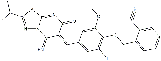 2-({4-[(5-imino-2-isopropyl-7-oxo-5H-[1,3,4]thiadiazolo[3,2-a]pyrimidin-6(7H)-ylidene)methyl]-2-iodo-6-methoxyphenoxy}methyl)benzonitrile Struktur