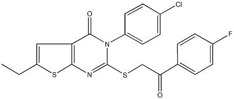 3-(4-chlorophenyl)-6-ethyl-2-{[2-(4-fluorophenyl)-2-oxoethyl]sulfanyl}thieno[2,3-d]pyrimidin-4(3H)-one Struktur