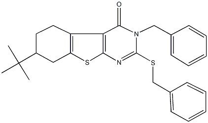 3-benzyl-2-(benzylsulfanyl)-7-tert-butyl-5,6,7,8-tetrahydro[1]benzothieno[2,3-d]pyrimidin-4(3H)-one Struktur