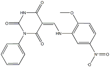 5-({5-nitro-2-methoxyanilino}methylene)-1-phenyl-2,4,6(1H,3H,5H)-pyrimidinetrione Struktur