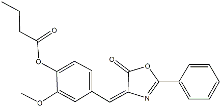 2-methoxy-4-[(5-oxo-2-phenyl-1,3-oxazol-4(5H)-ylidene)methyl]phenyl butyrate Struktur