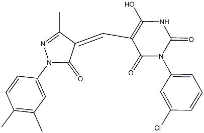 3-(3-chlorophenyl)-5-{[1-(3,4-dimethylphenyl)-3-methyl-5-oxo-1,5-dihydro-4H-pyrazol-4-ylidene]methyl}-6-hydroxy-2,4(1H,3H)-pyrimidinedione Struktur