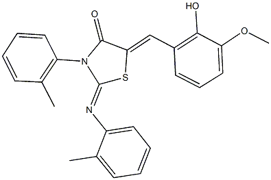 5-(2-hydroxy-3-methoxybenzylidene)-3-(2-methylphenyl)-2-[(2-methylphenyl)imino]-1,3-thiazolidin-4-one Struktur