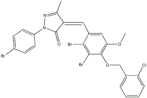 2-(4-bromophenyl)-4-{2,3-dibromo-4-[(2-chlorobenzyl)oxy]-5-methoxybenzylidene}-5-methyl-2,4-dihydro-3H-pyrazol-3-one Struktur