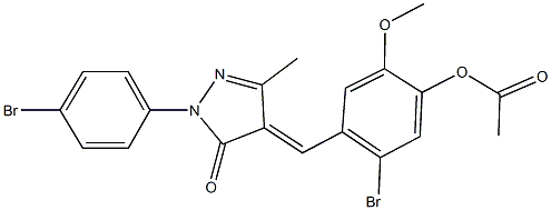 5-bromo-4-{[1-(4-bromophenyl)-3-methyl-5-oxo-1,5-dihydro-4H-pyrazol-4-ylidene]methyl}-2-methoxyphenyl acetate Struktur