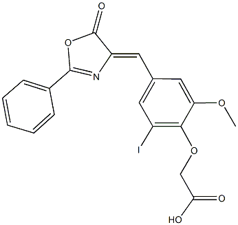 {2-iodo-6-methoxy-4-[(5-oxo-2-phenyl-1,3-oxazol-4(5H)-ylidene)methyl]phenoxy}acetic acid Struktur