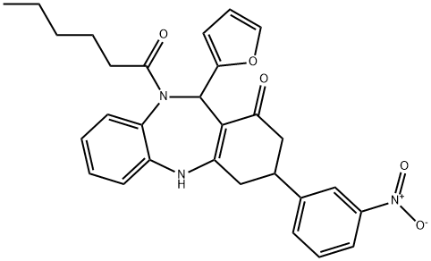 11-(2-furyl)-10-hexanoyl-3-{3-nitrophenyl}-2,3,4,5,10,11-hexahydro-1H-dibenzo[b,e][1,4]diazepin-1-one Struktur