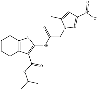 isopropyl 2-[({3-nitro-5-methyl-1H-pyrazol-1-yl}acetyl)amino]-4,5,6,7-tetrahydro-1-benzothiophene-3-carboxylate Struktur