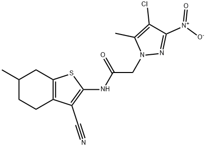 2-{4-chloro-3-nitro-5-methyl-1H-pyrazol-1-yl}-N-(3-cyano-6-methyl-4,5,6,7-tetrahydro-1-benzothien-2-yl)acetamide Struktur