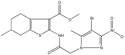 methyl 2-[({4-bromo-3-nitro-5-methyl-1H-pyrazol-1-yl}acetyl)amino]-6-methyl-4,5,6,7-tetrahydro-1-benzothiophene-3-carboxylate Struktur