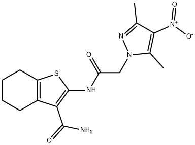 2-[({4-nitro-3,5-dimethyl-1H-pyrazol-1-yl}acetyl)amino]-4,5,6,7-tetrahydro-1-benzothiophene-3-carboxamide Struktur