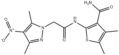 2-[({4-nitro-3,5-dimethyl-1H-pyrazol-1-yl}acetyl)amino]-4,5-dimethyl-3-thiophenecarboxamide Struktur