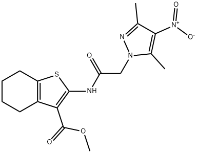 methyl 2-[({4-nitro-3,5-dimethyl-1H-pyrazol-1-yl}acetyl)amino]-4,5,6,7-tetrahydro-1-benzothiophene-3-carboxylate Struktur