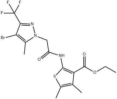 ethyl 2-({[4-bromo-5-methyl-3-(trifluoromethyl)-1H-pyrazol-1-yl]acetyl}amino)-4,5-dimethyl-3-thiophenecarboxylate Struktur