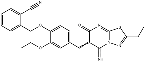 2-({2-ethoxy-4-[(5-imino-7-oxo-2-propyl-5H-[1,3,4]thiadiazolo[3,2-a]pyrimidin-6(7H)-ylidene)methyl]phenoxy}methyl)benzonitrile Struktur