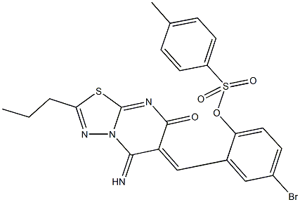 4-bromo-2-[(5-imino-7-oxo-2-propyl-5H-[1,3,4]thiadiazolo[3,2-a]pyrimidin-6(7H)-ylidene)methyl]phenyl 4-methylbenzenesulfonate Struktur