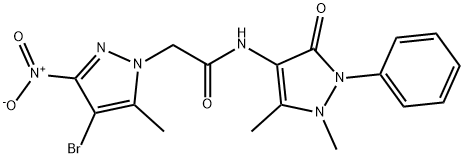 2-{4-bromo-3-nitro-5-methyl-1H-pyrazol-1-yl}-N-(1,5-dimethyl-3-oxo-2-phenyl-2,3-dihydro-1H-pyrazol-4-yl)acetamide Struktur