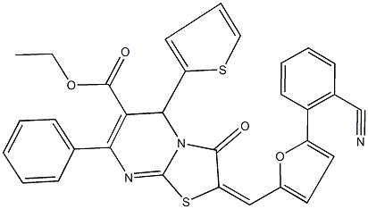 ethyl 2-{[5-(2-cyanophenyl)-2-furyl]methylene}-3-oxo-7-phenyl-5-(2-thienyl)-2,3-dihydro-5H-[1,3]thiazolo[3,2-a]pyrimidine-6-carboxylate Struktur