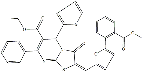 ethyl 2-({5-[2-(methoxycarbonyl)phenyl]-2-furyl}methylene)-3-oxo-7-phenyl-5-(2-thienyl)-2,3-dihydro-5H-[1,3]thiazolo[3,2-a]pyrimidine-6-carboxylate Struktur