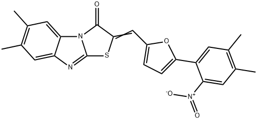 2-[(5-{2-nitro-4,5-dimethylphenyl}-2-furyl)methylene]-6,7-dimethyl[1,3]thiazolo[3,2-a]benzimidazol-3(2H)-one Struktur