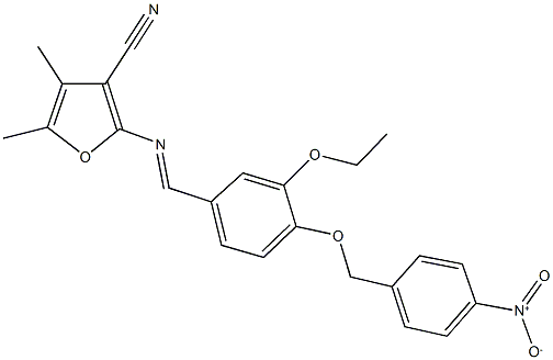 2-{[3-ethoxy-4-({4-nitrobenzyl}oxy)benzylidene]amino}-4,5-dimethyl-3-furonitrile Struktur