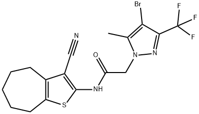 2-[4-bromo-5-methyl-3-(trifluoromethyl)-1H-pyrazol-1-yl]-N-(3-cyano-5,6,7,8-tetrahydro-4H-cyclohepta[b]thien-2-yl)acetamide Struktur