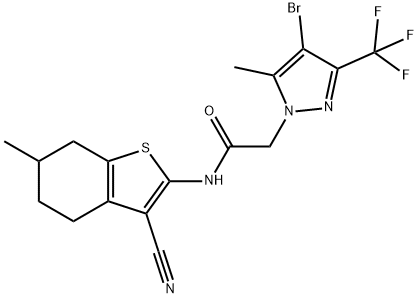 2-[4-bromo-5-methyl-3-(trifluoromethyl)-1H-pyrazol-1-yl]-N-(3-cyano-6-methyl-4,5,6,7-tetrahydro-1-benzothien-2-yl)acetamide Struktur