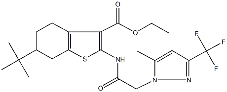 ethyl 6-tert-butyl-2-({[5-methyl-3-(trifluoromethyl)-1H-pyrazol-1-yl]acetyl}amino)-4,5,6,7-tetrahydro-1-benzothiophene-3-carboxylate Struktur